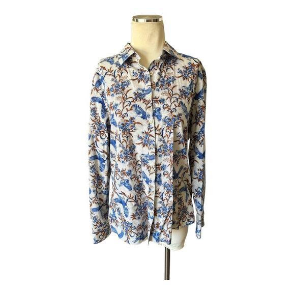 Lands End retro shirt button down blue bird floral print long sleeve women’s s… - Picture 2 of 8